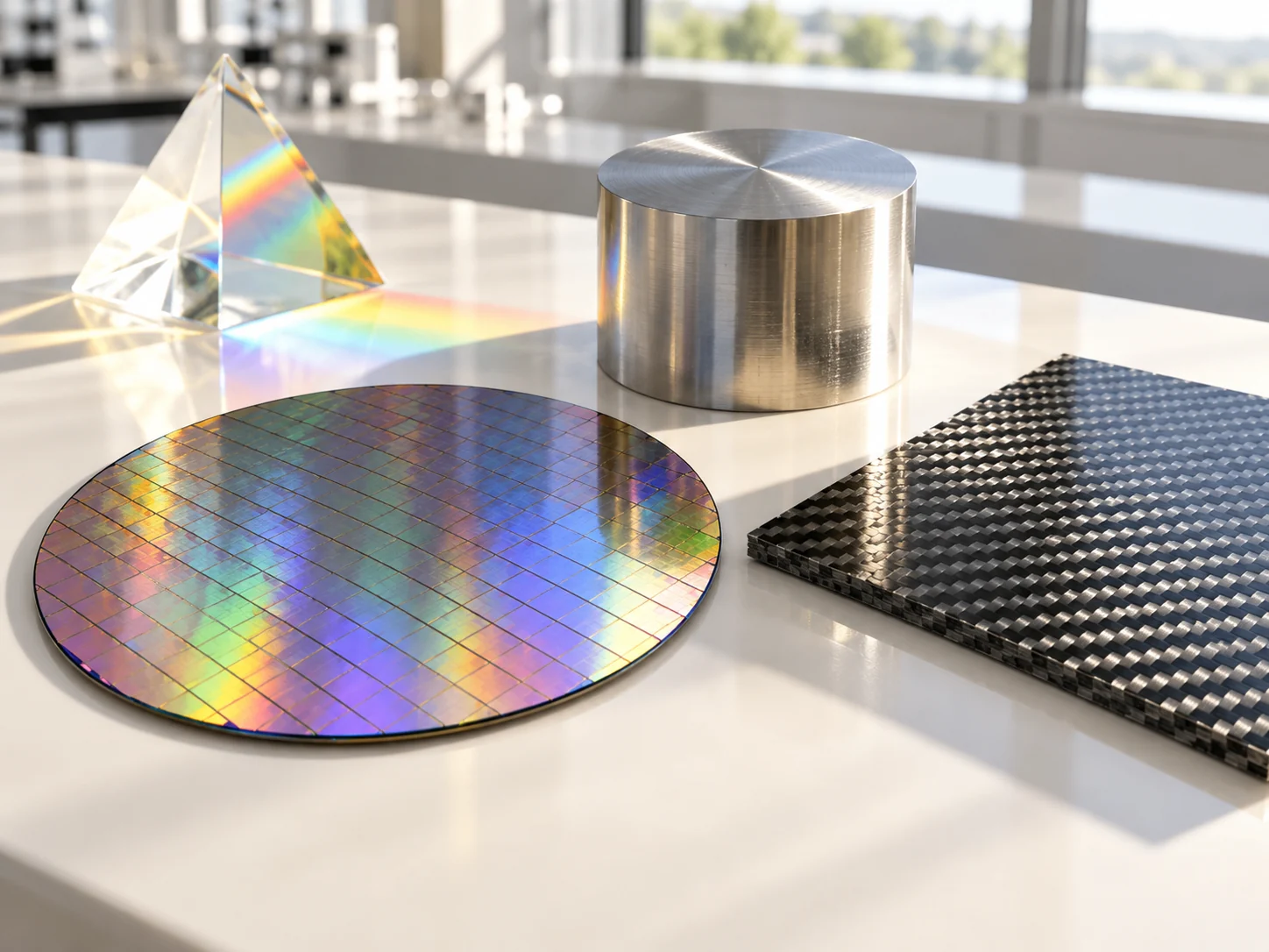 Generated editorial still life of a silicon wafer, alloy, carbon-fibre composite, and optical prism.