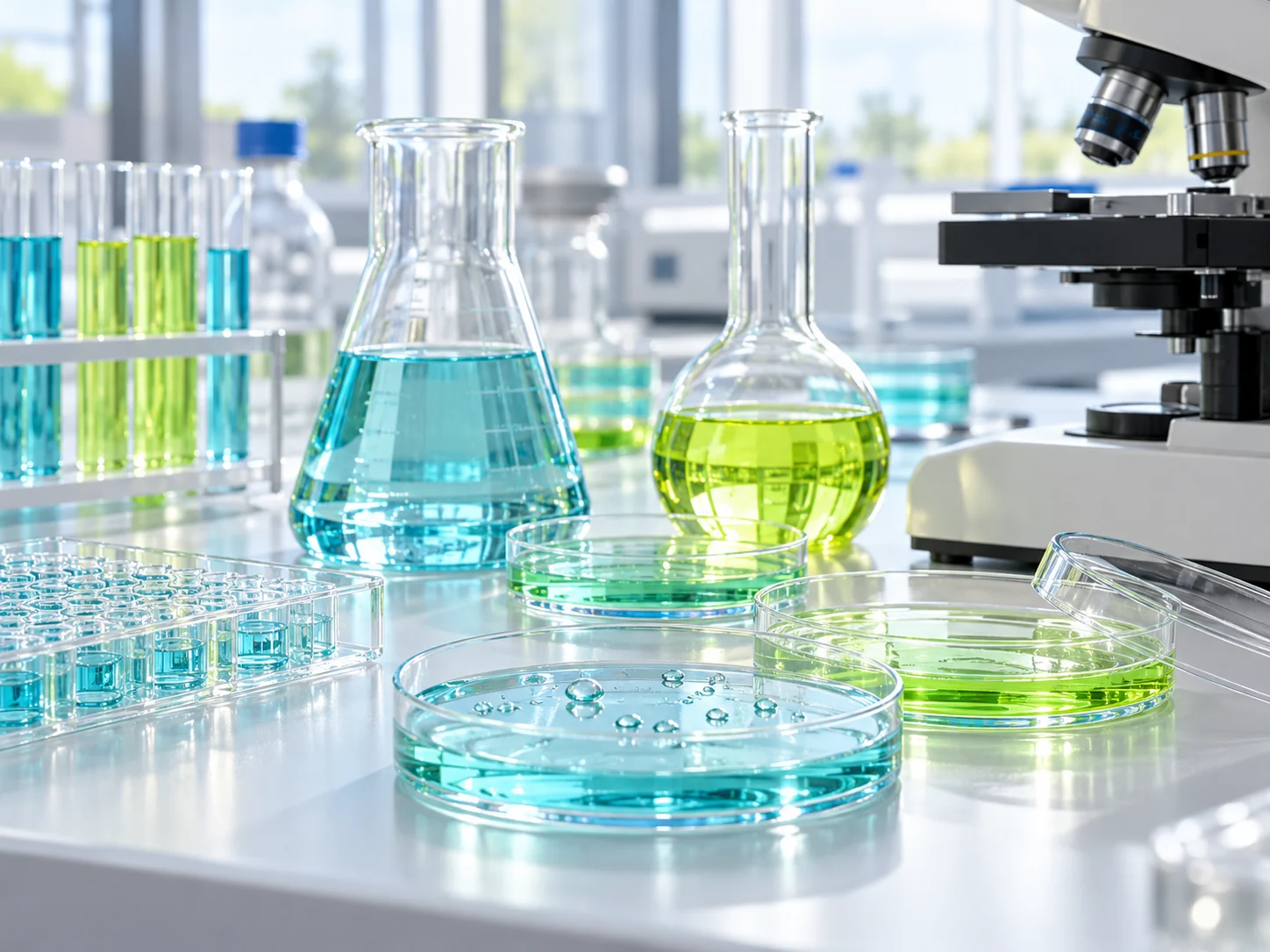 Generated editorial laboratory scene with translucent culture vessels and a white microscope.