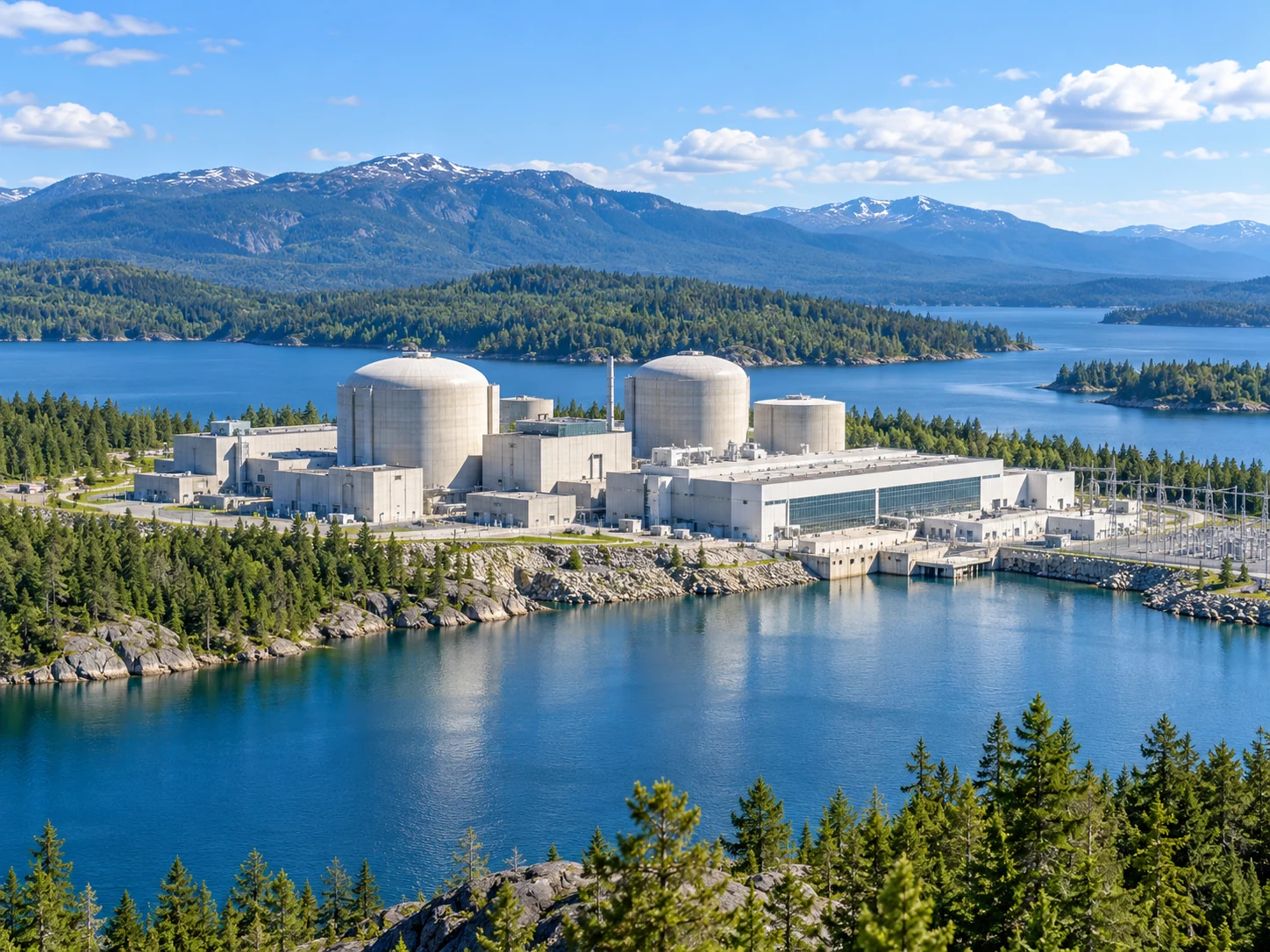 Generated editorial view of a fictional Canadian nuclear power facility beside blue lake water and evergreen forest.